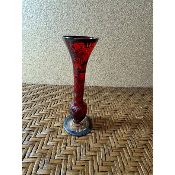 Vintage Floral Silver Over Lay Glass Bud Vase Red & Black - Picture 1 of 8
